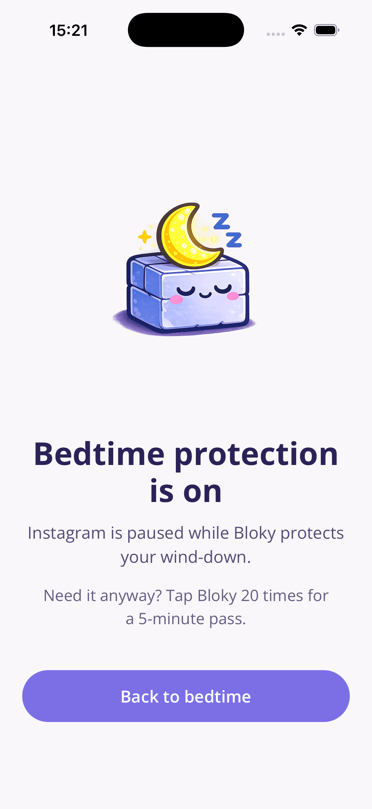 Bloky screen showing bedtime protection turned on and Instagram paused during wind-down