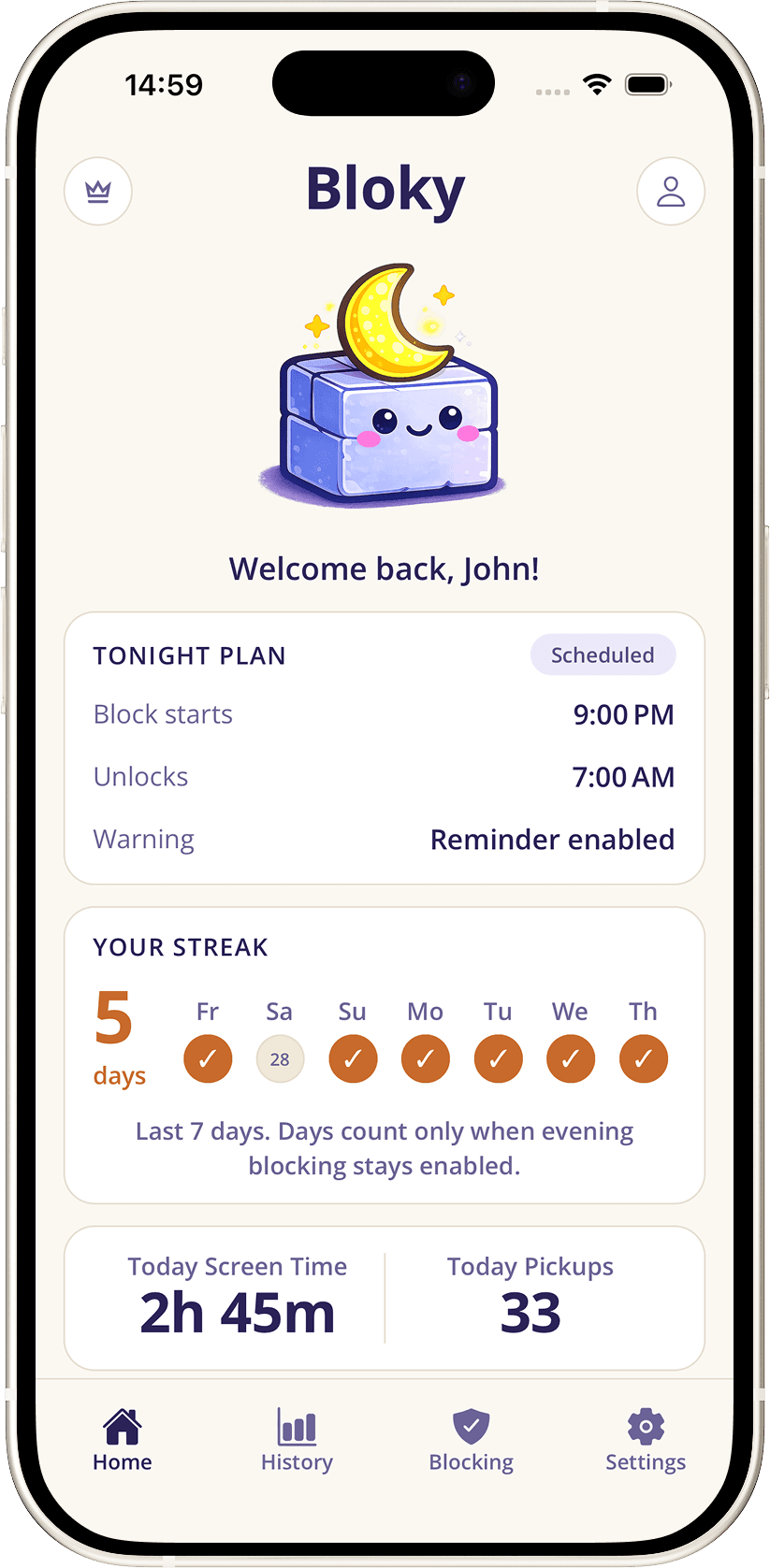 Bloky app showing tonight plan, streak, and screen time